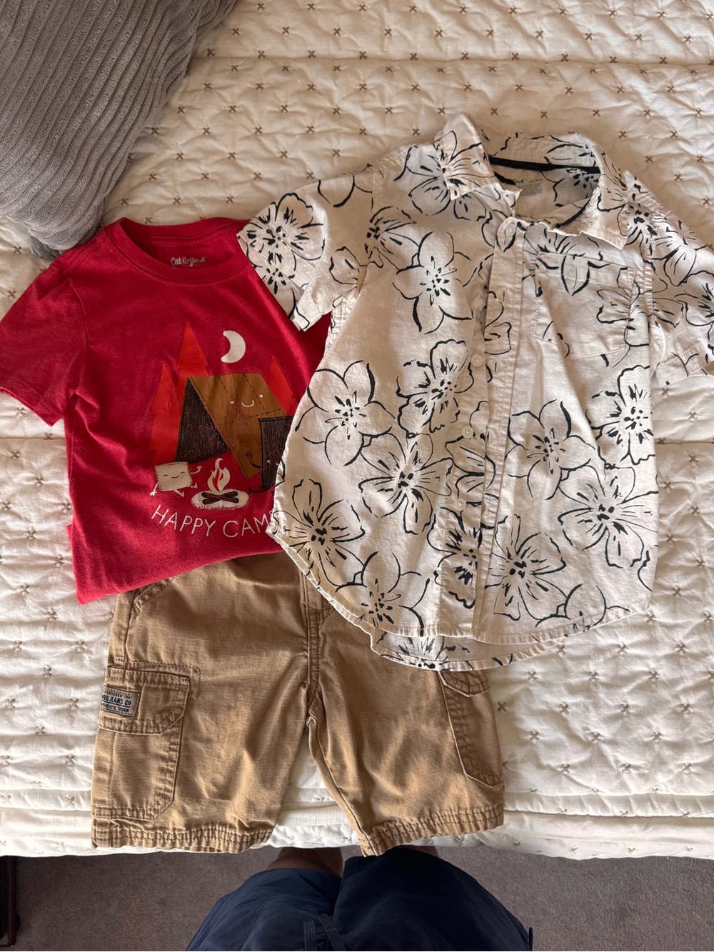 Cat & Jack Floral Button-Down Shirt, Happy Camper tee, & khaki shorts